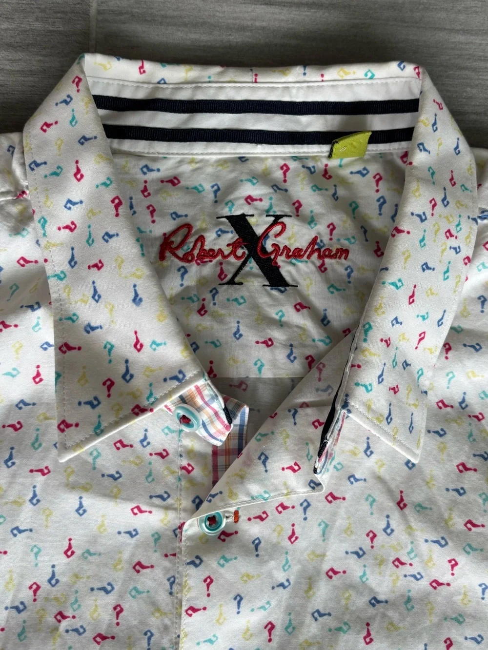 ROBERT GRAHAM X Question Marks Shirt Men's 2XL White with Multicolor Symbols - Picture 3 of 9